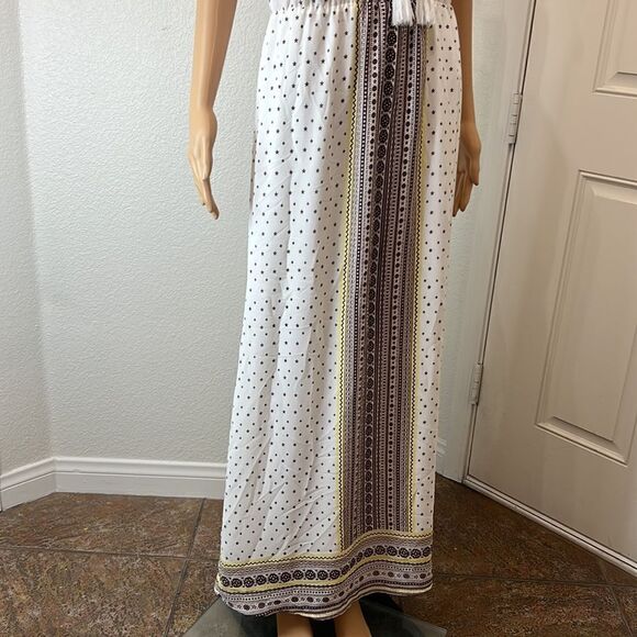 C Dress Size Small Tassel Tie V Neck Sleeveless Maxi White Brown Yellow Lined - Picture 4 of 12